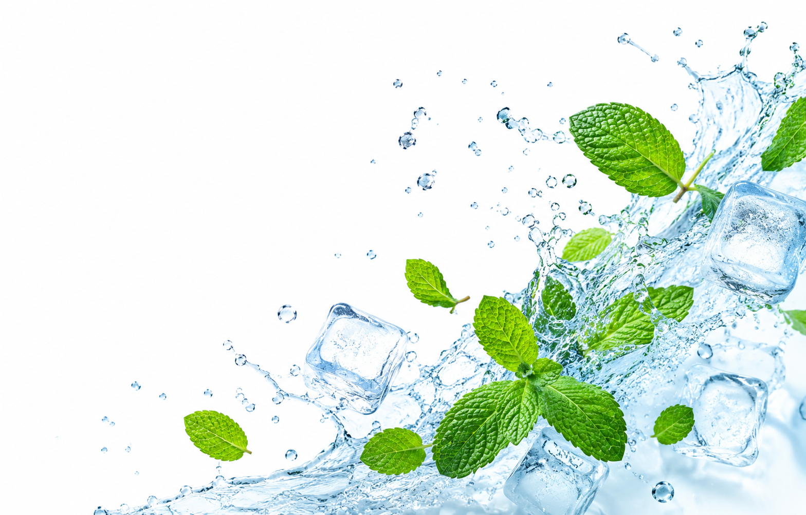 Fresh mint leaves, clear water and ice cubes in motion